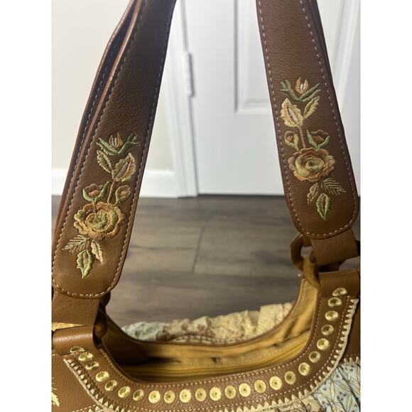 J Jill Boho Patchwork Floral Pleated Shoulder Bag Brown Beige Embroidered - Picture 9 of 12